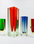 Large MCM red cased green Murano sommerso glass block vase by Mandruzatto