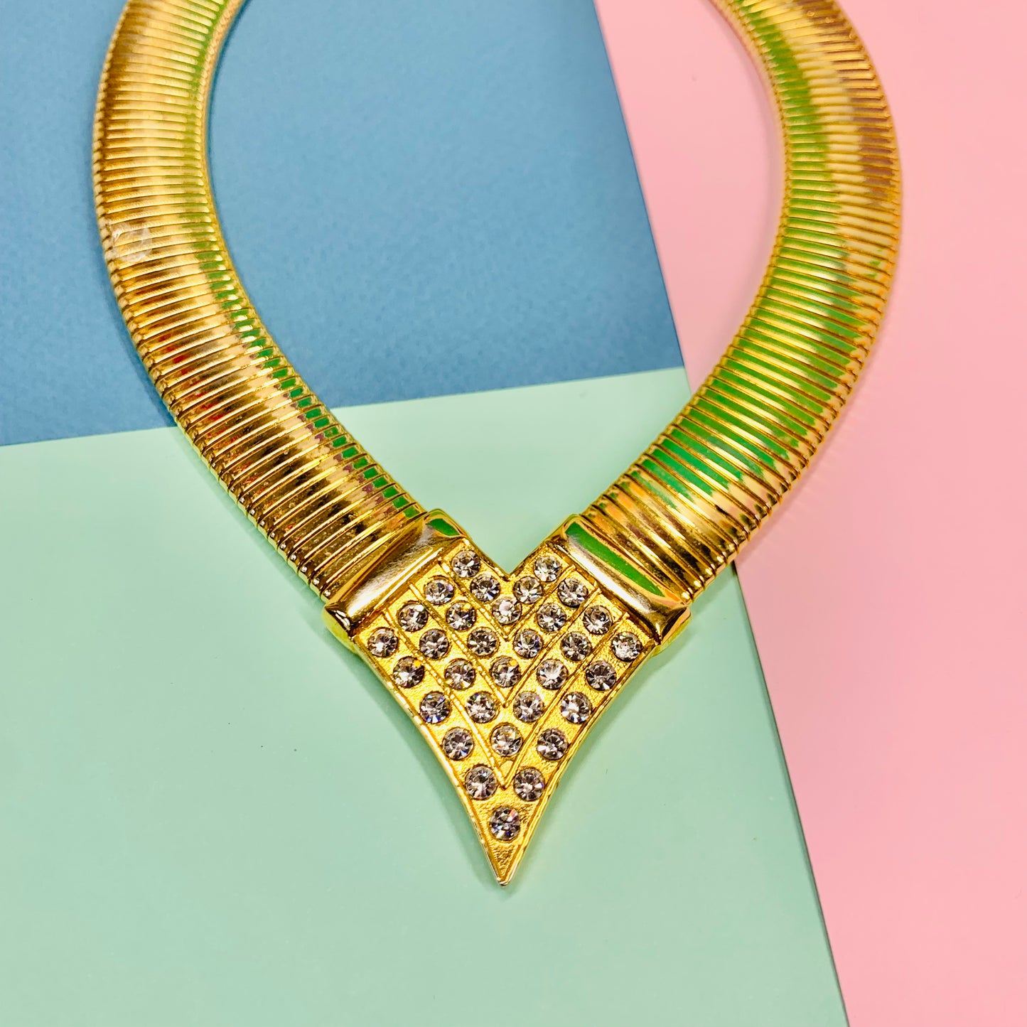 Extremely rare 1960s mesh gold plated statement necklace with rhinestones chevron pendant