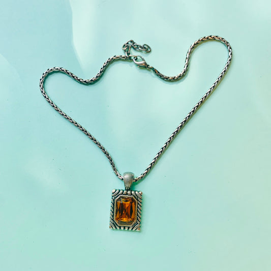 Vintage silver plated necklace with rectangular amber glass paste pendant