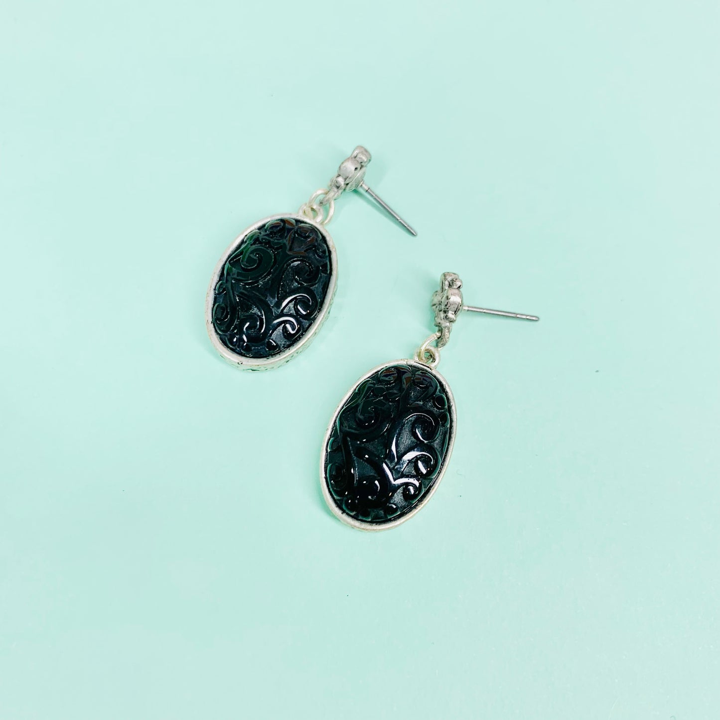 Antique nickel silver with black cameo drop earrings