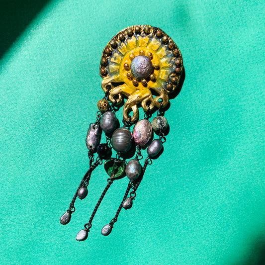 Extremely rare 1980s Nature Bijoux hand made metal enamel jelly fish brooch with pearls