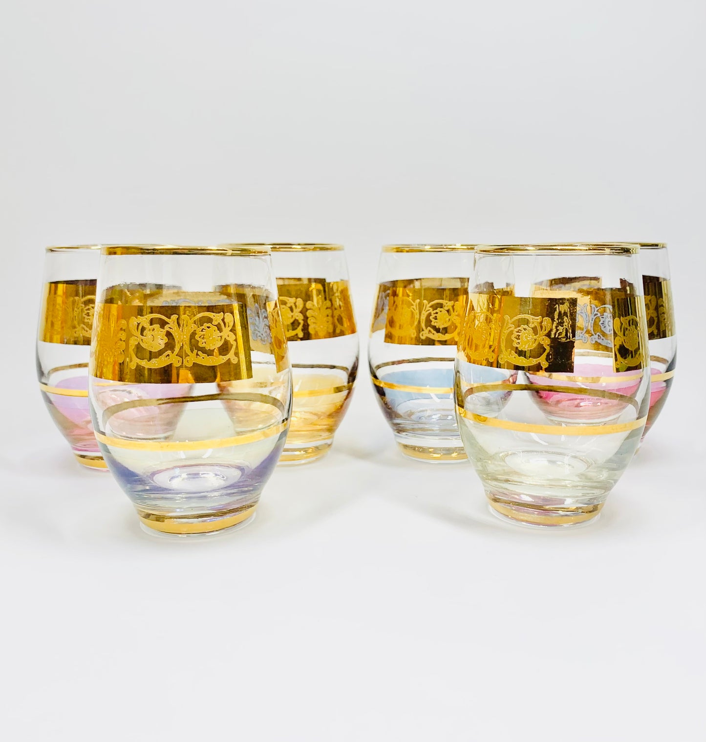 Extremely rare 1940s harlequin 24K gold gilded iridescent lustreware glass water tumblers