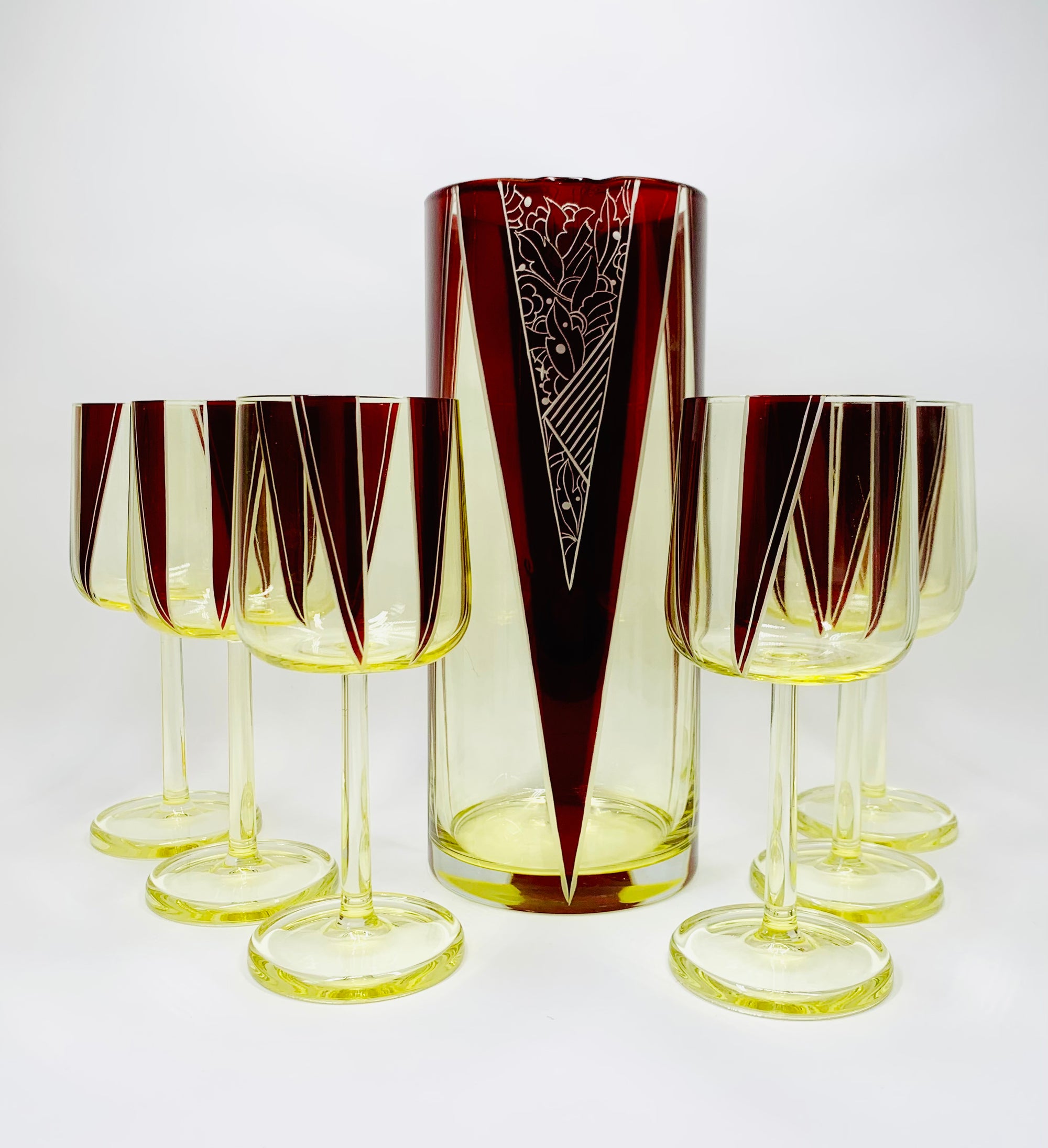 Extremely extremely rare antique Art Deco ruby enamel and citrine glass jug and matching wine glasses set by Karl Palda