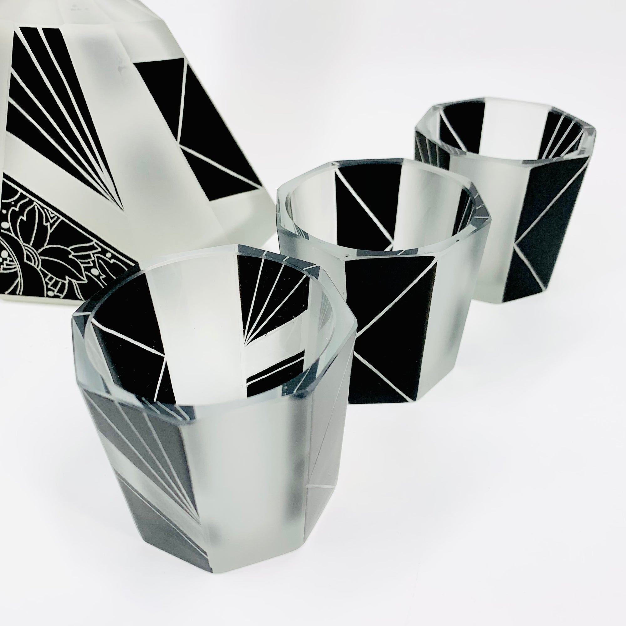 Extremely extremely rare antique Art Deco black enamel decanter satin glass set by Karl Palda