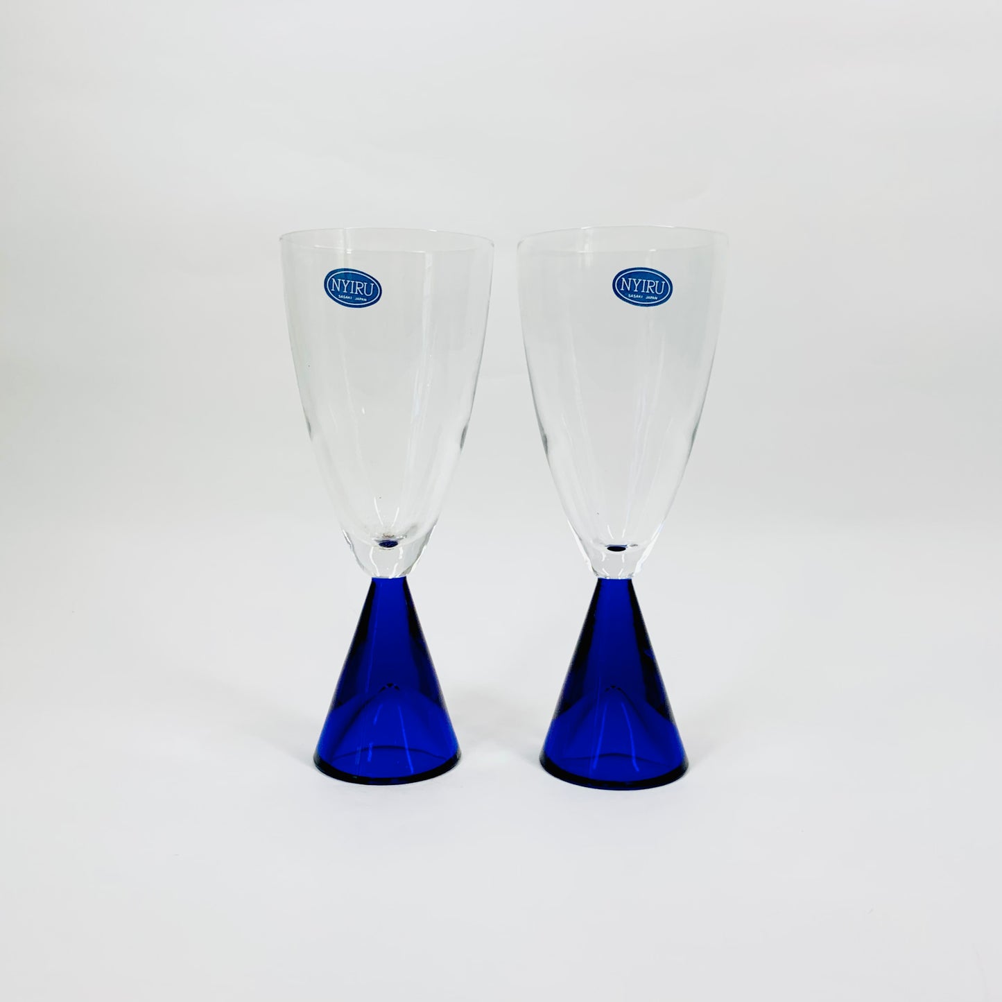 Rare 1980s Japanese Sasaki Nyiru blue paperweight stem glasses
