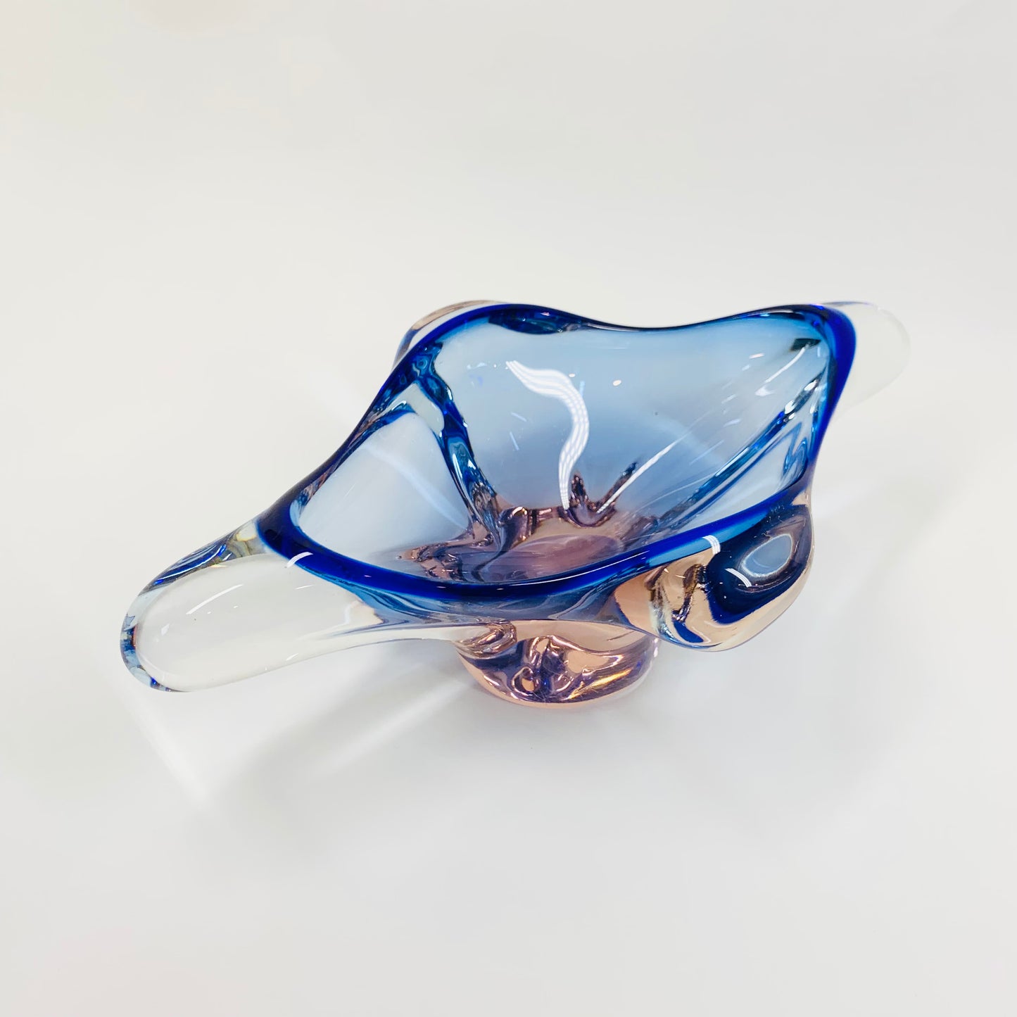 Rare Midcentury medium Czech Skrdlovice blue coral sommerso glass bowl