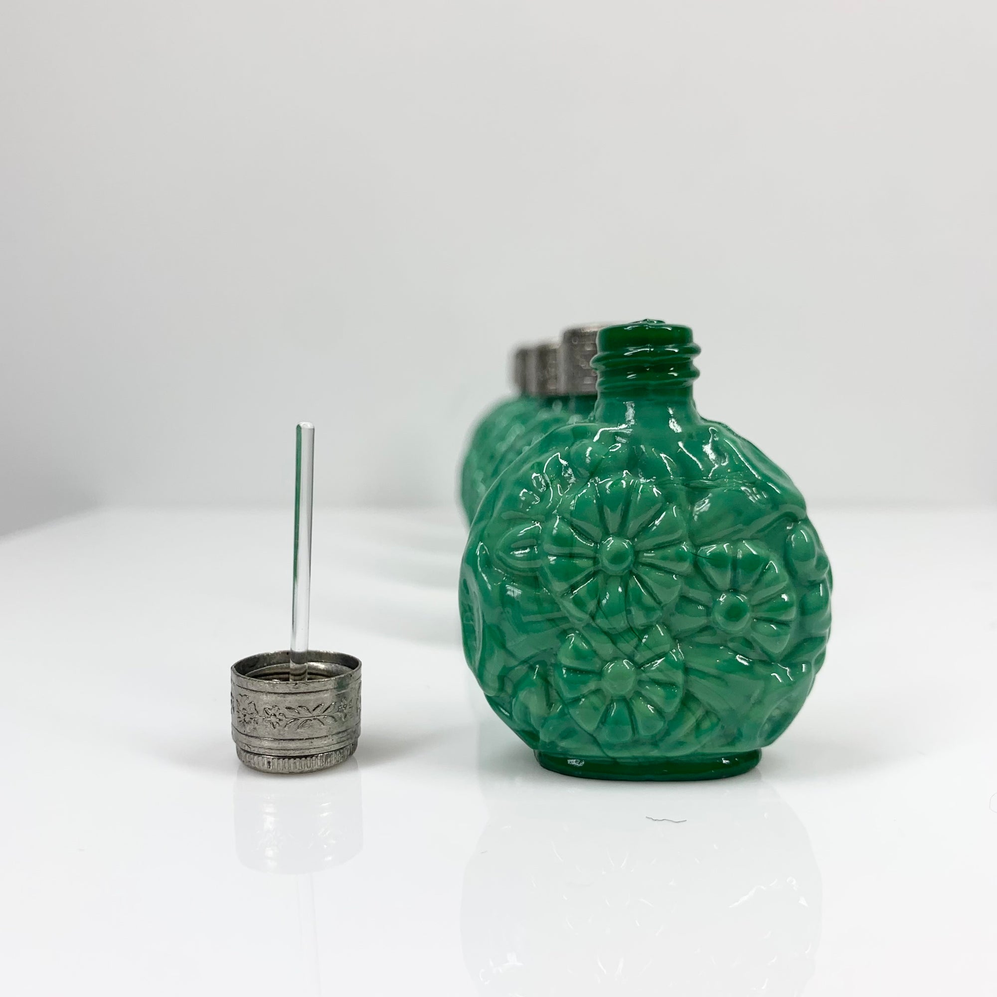 Antique hand carved Bohemian malachite mini perfume bottle with silver plated stopper