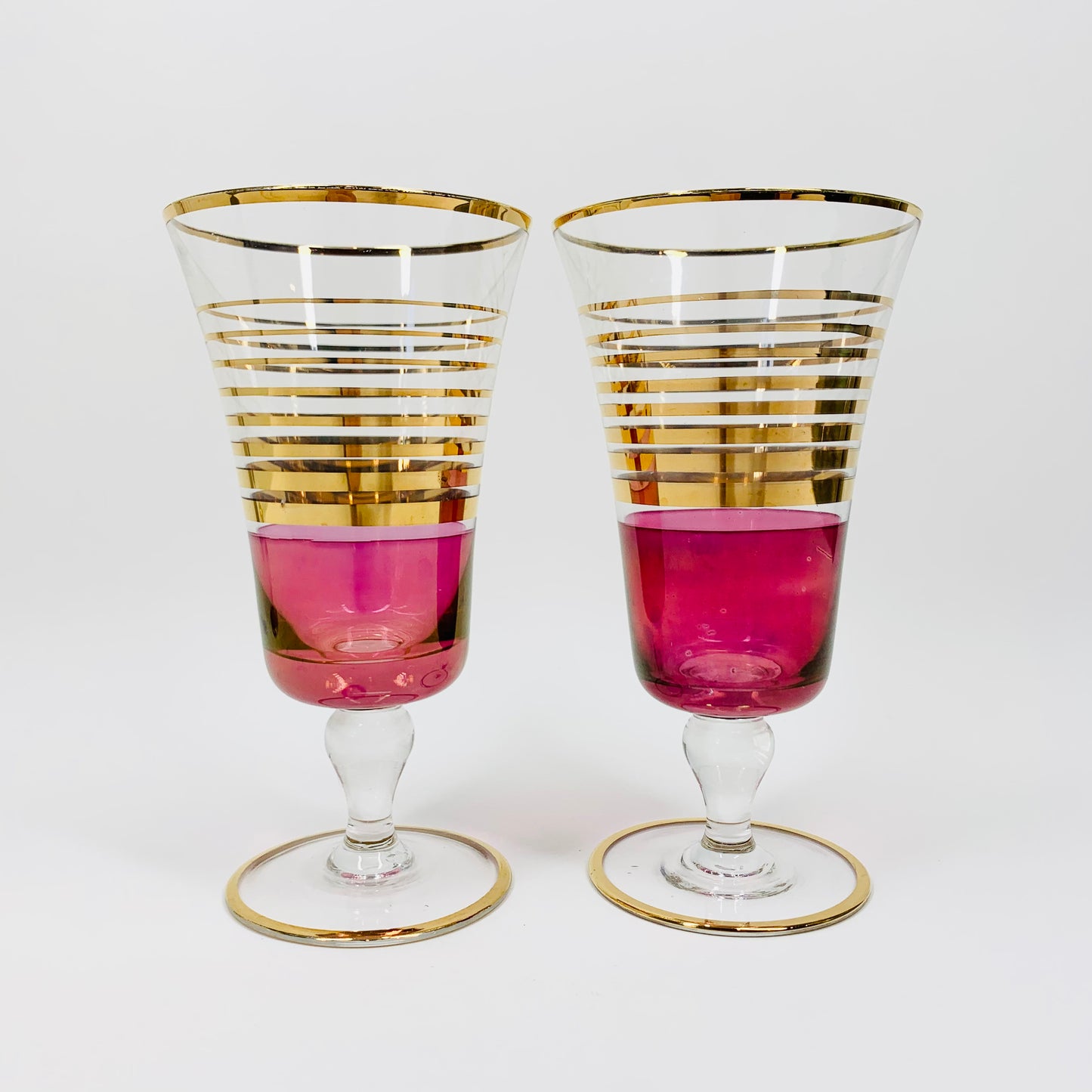 Extremely rare 1940s gold gilded pink flashed parfait/wine glasses