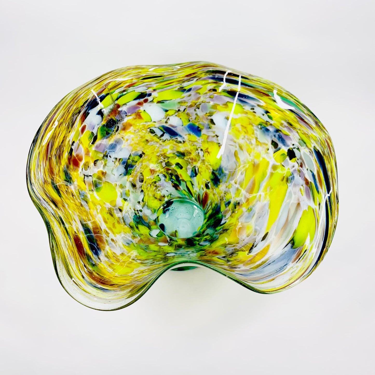 1980s Spanish recycled speckled harlequin glass handkerchief bowl