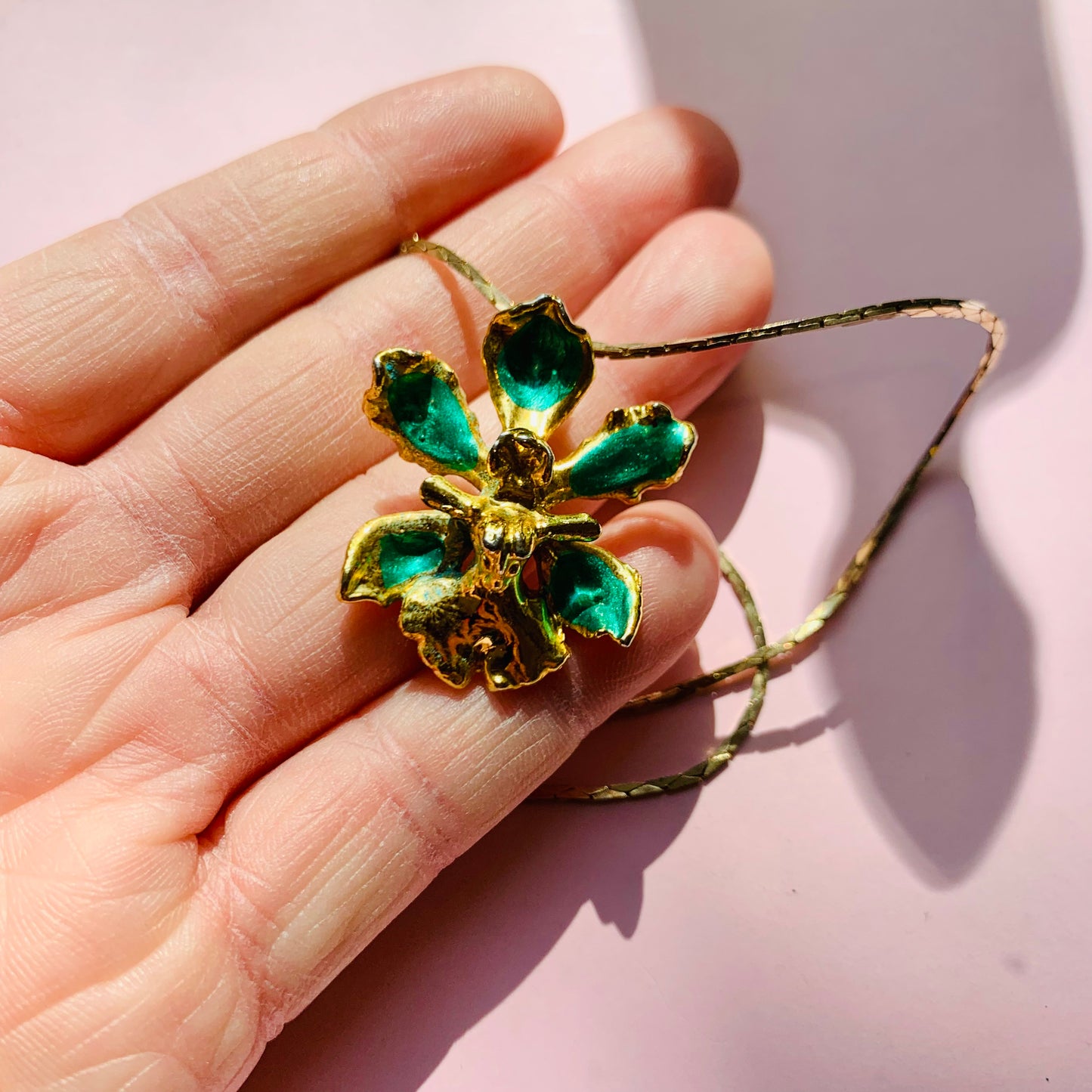 Rare vintage Risis 24K gold plated orchid brooch with turquoise enamel