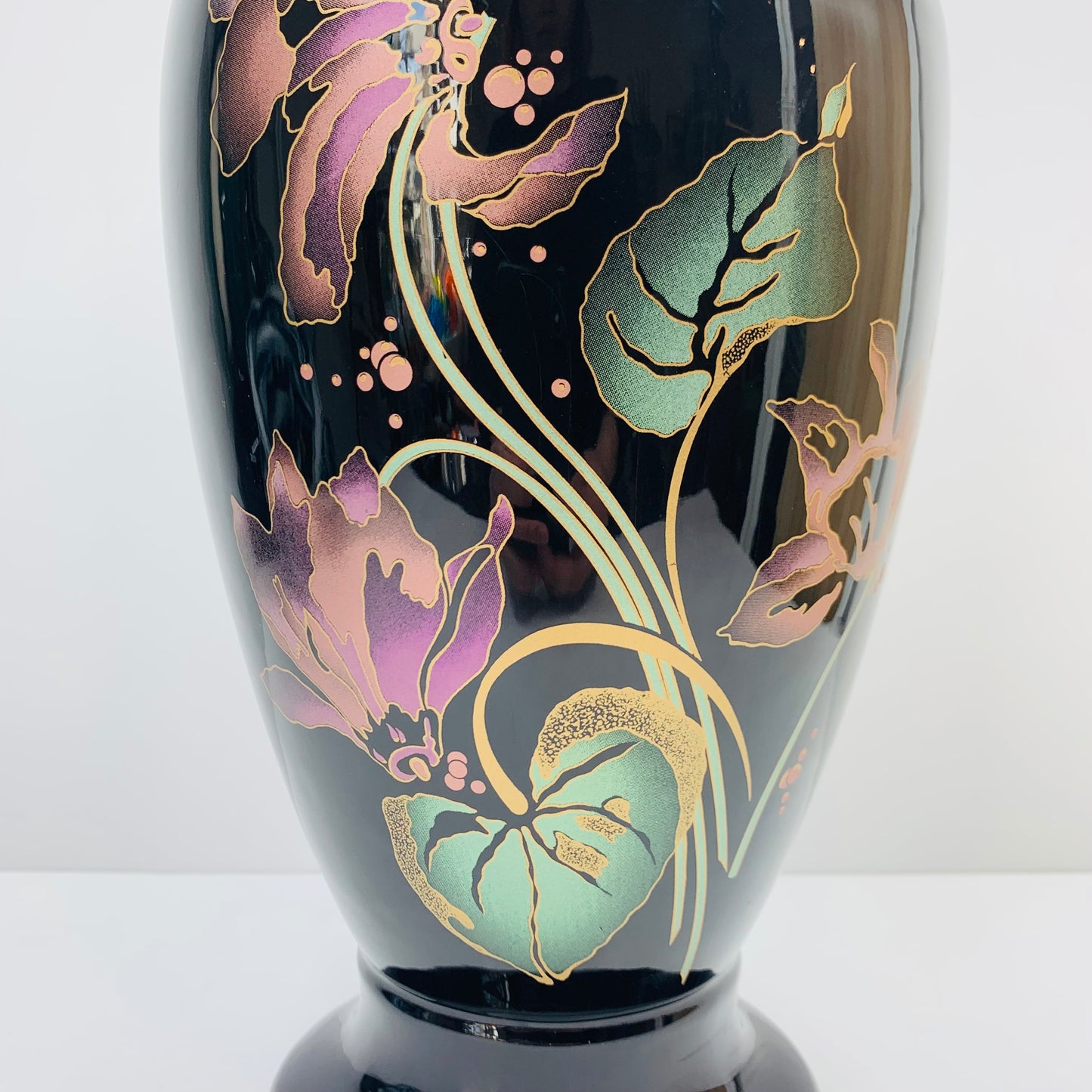 Vintage hand painted black glass vase