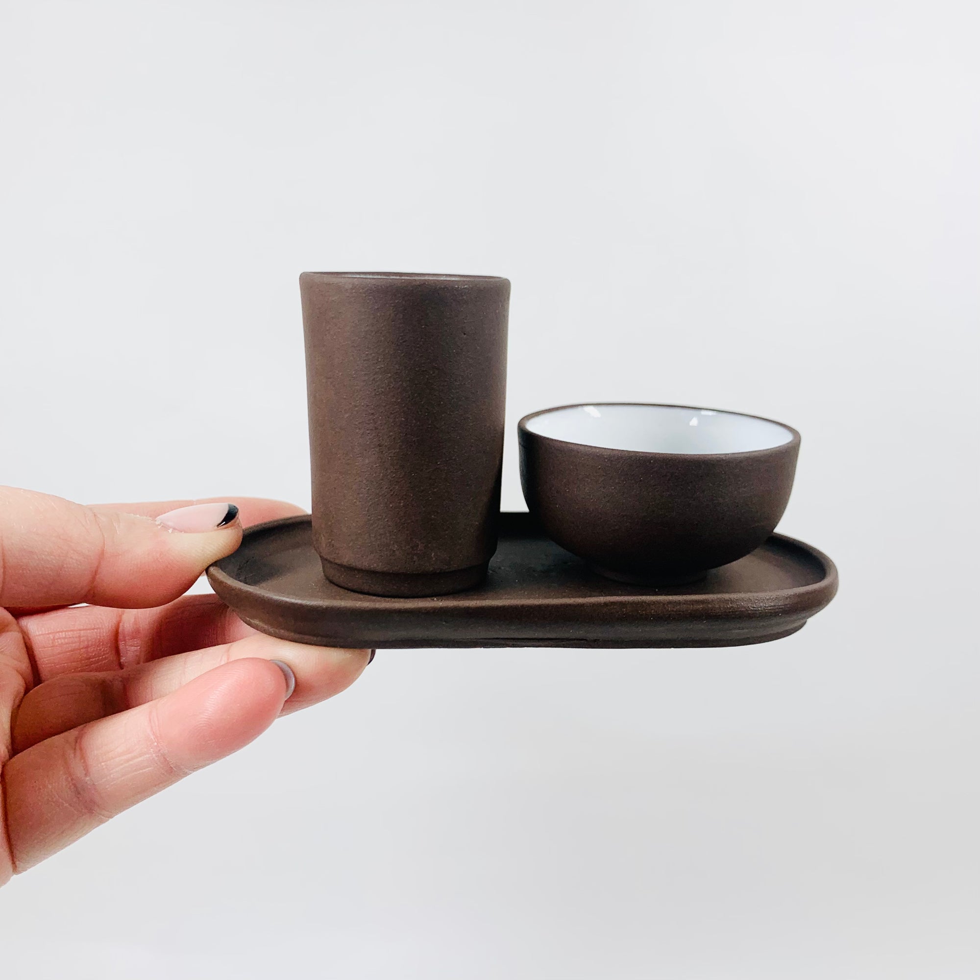 Rare Midcentury Japanese brown pottery condiment set