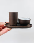 Rare Midcentury Japanese brown pottery condiment set