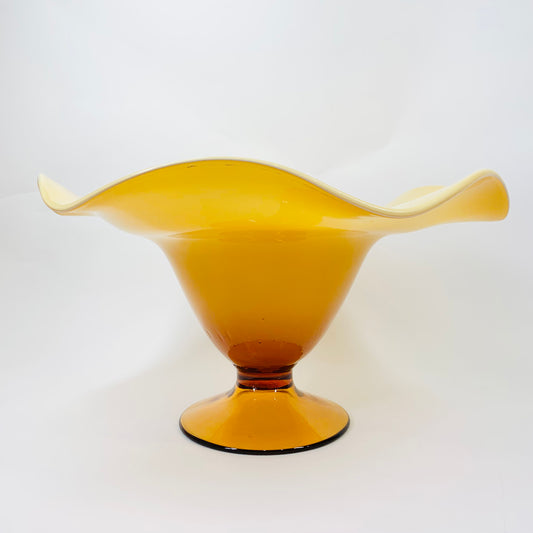 Large Italian Midcentury cased amber glass comport/footed fruit bowl with ruffle rim