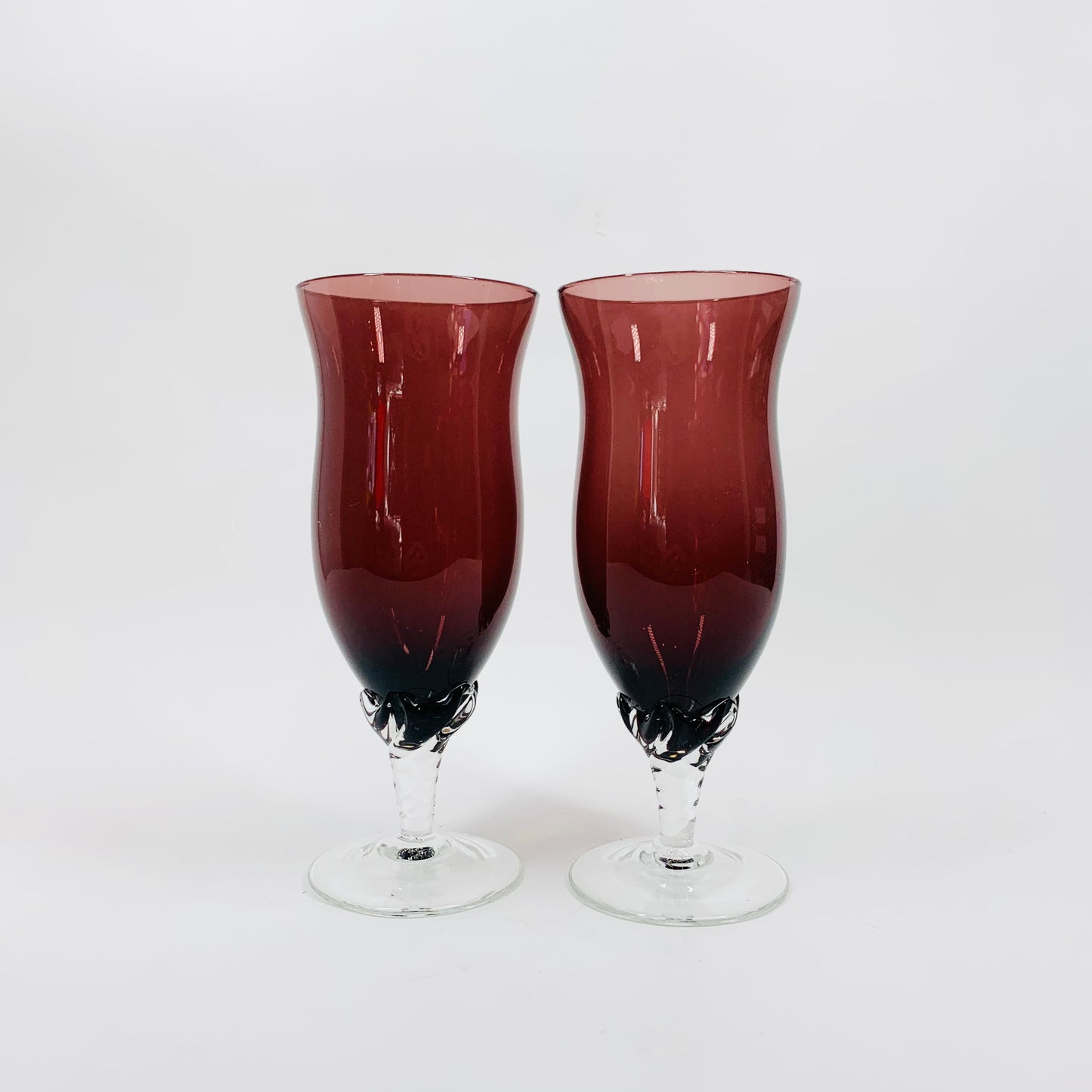 Midcentury amethyst glass champagne flutes with twist stems