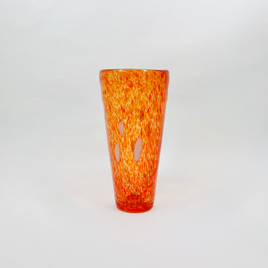 1980s orange mouth blown studio speckled art glass cylinder vase