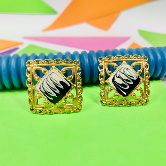 1960s brass filigree black & white enamel clip on earrings