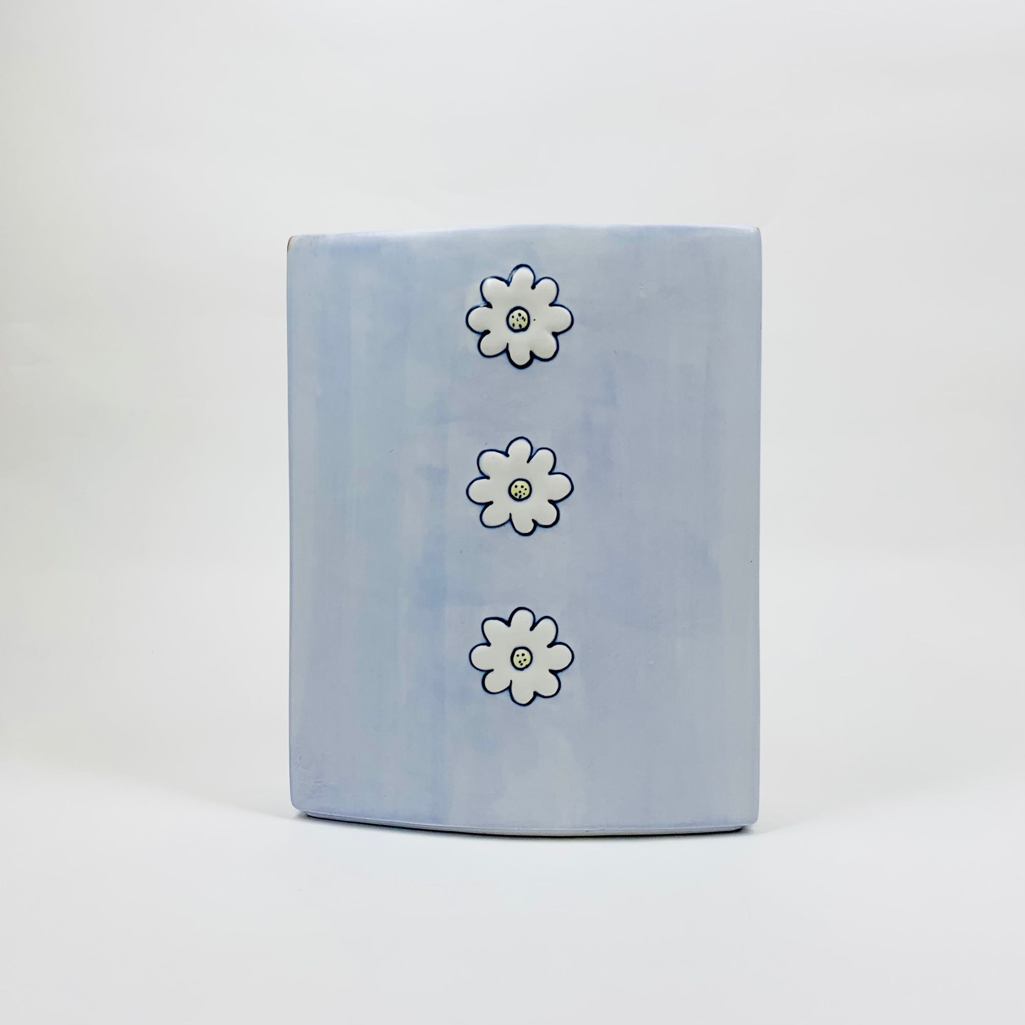Rare hand painted 1980s lavender pottery vase with daisies