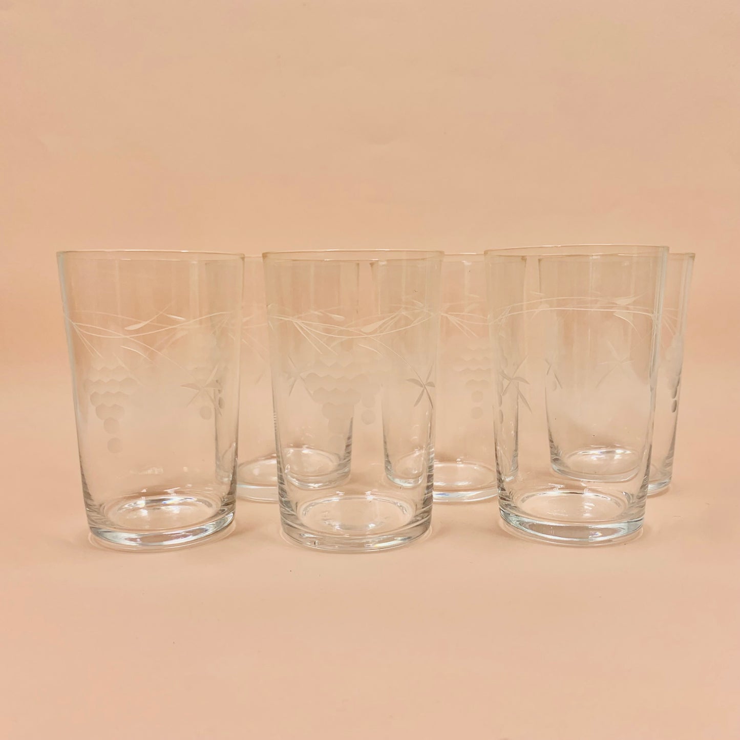 1940s hand etched vine pattern glass water tumblers