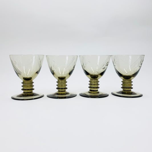 Antique hand etched grey liqueur glasses