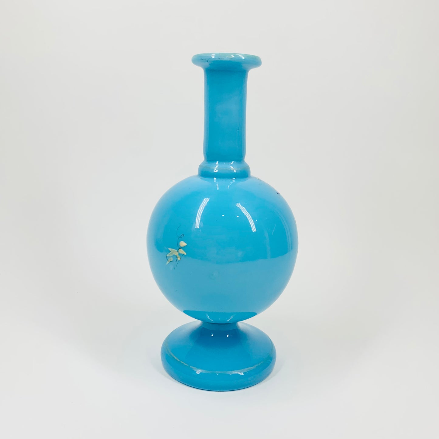 Antique mouth blown Victorian hand painted blue milk glass posy bottle vase