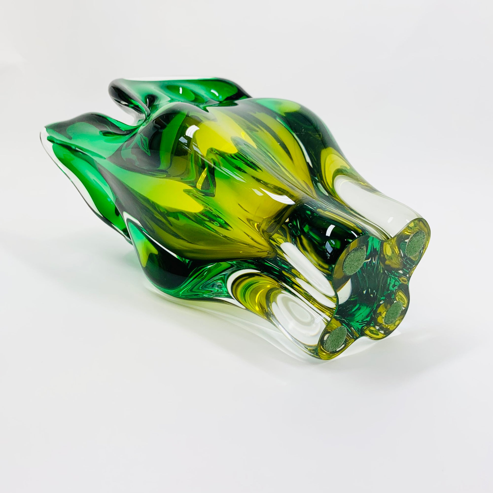 Extremely rare Midcentury Czech Chribska Glassworks green &amp; yellow sommerso glass Cat’s Head vase by Josef Hospodka