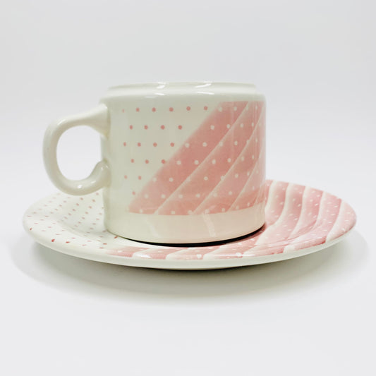 1980s Churchill England Churchill England in a pastel pink with polka dots & stripes coffee cup and matching saucer