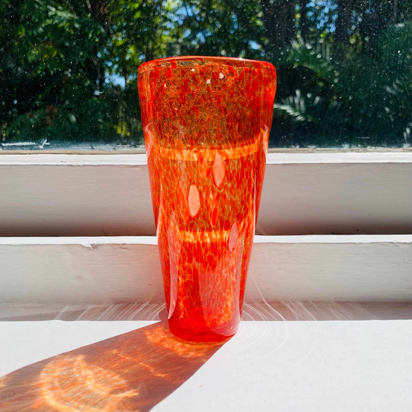 1980s orange mouth blown studio speckled art glass cylinder vase