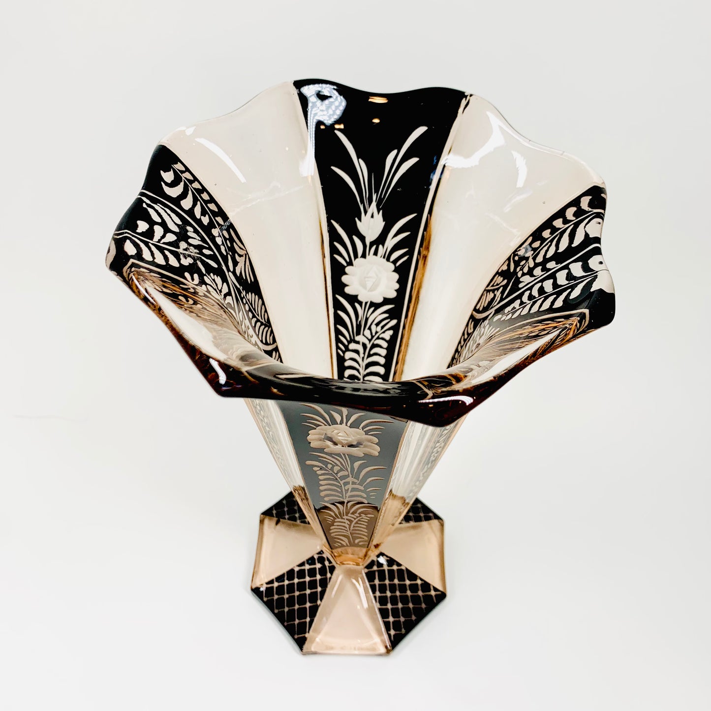 Antique Art Nouveau pink and black enamel glass vase by Karl Palda