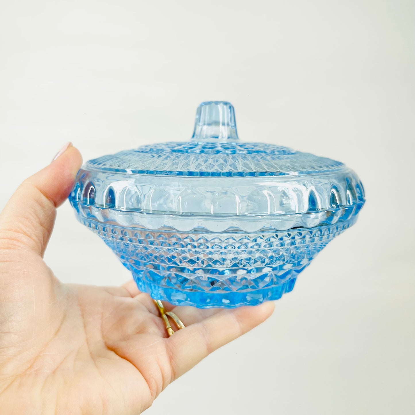 Antique pressed blue glass lidded box/sugar bowl with cork lid