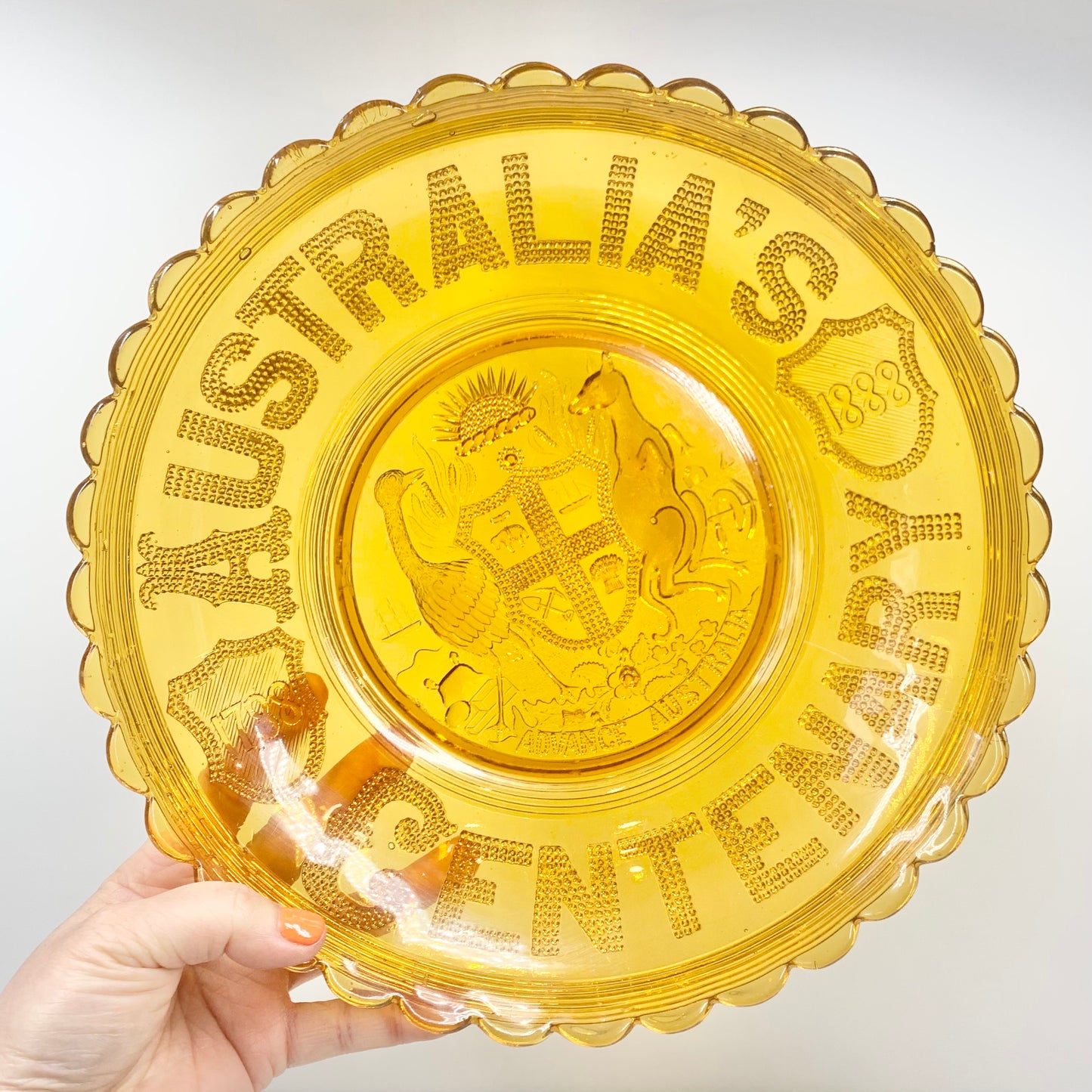 Antique highly collectible Australian amber glass centenary bowl circa 1888